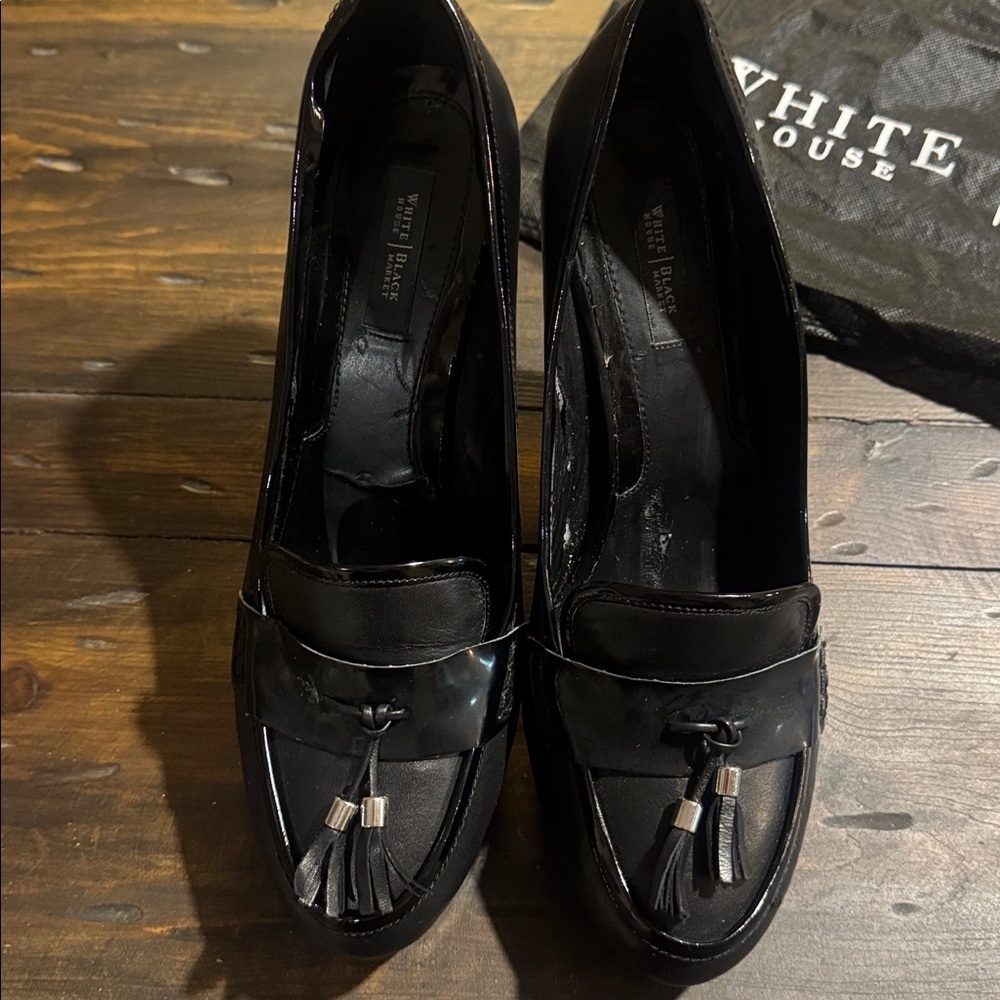 White House Black Market Black Leather Tassel Platform Stiletto Heels-Size 10 - Picture 3 of 11